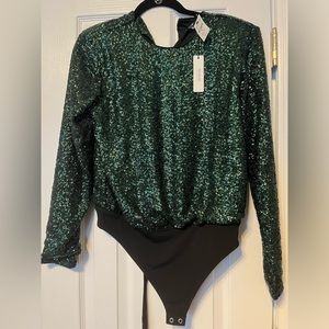 Express Emerald Sequin Thong Bodysuit medium NWT.
